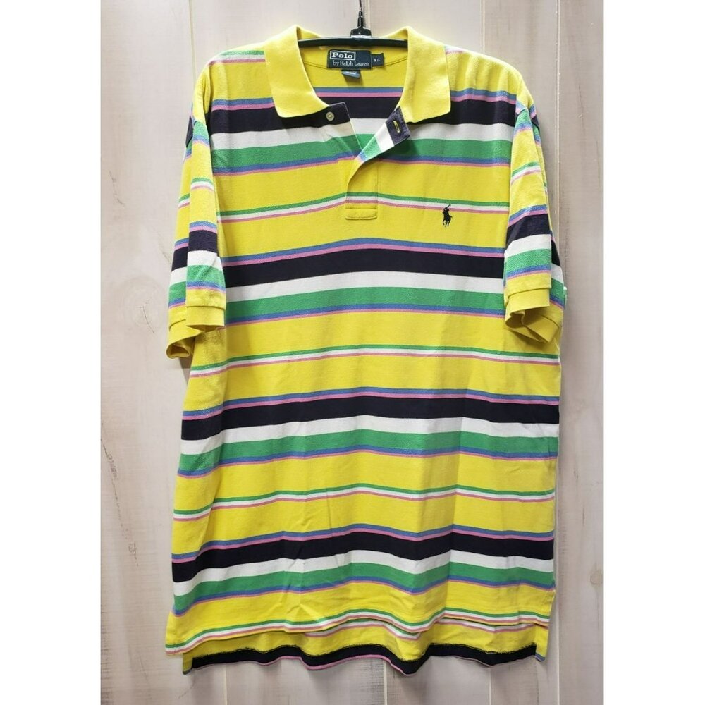 Ralph Lauren Polo Shirt XL, Yellow Multicolor Striped, 100% Cotton, Short Sleeve